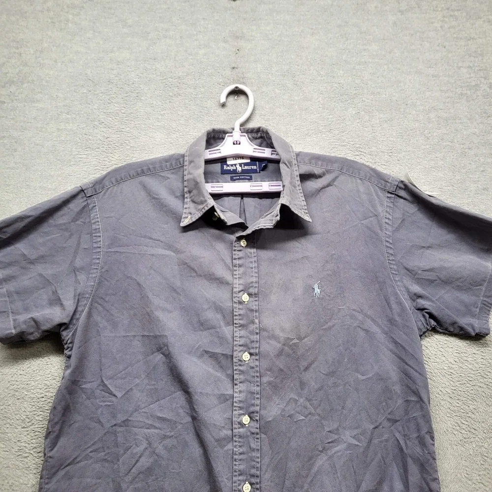 VINTAGE Ralph Lauren Men Button Up Shirt XL Blue Short Sleeve Solid Cotton READ